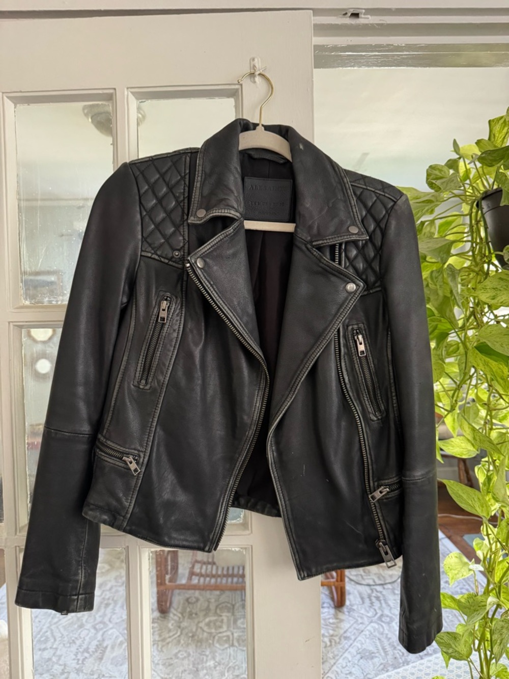 AllSaints Black Quilted Shoulder Leather Moto Jacket